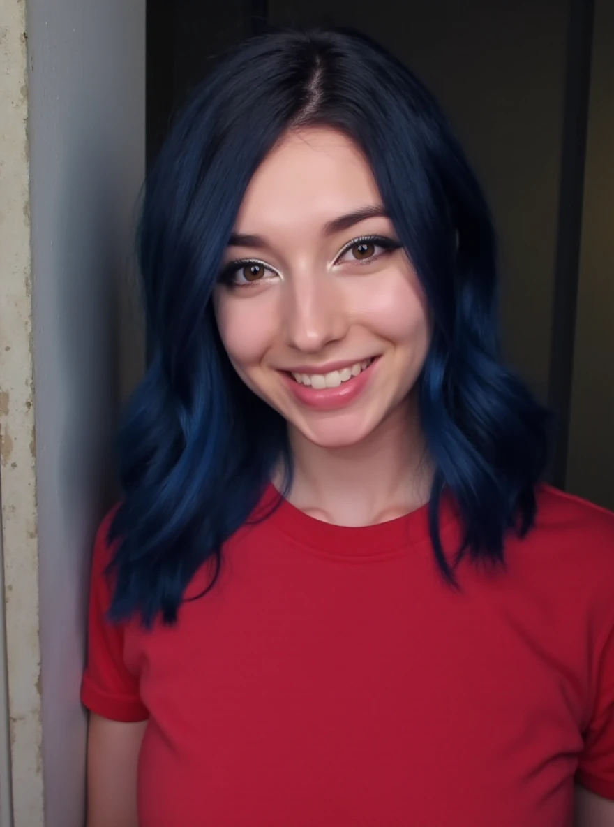 RAW closeup photo of y0ur_d3sss3rt woman, smile happy, wearing a red tshirt, in a concrete wall, detailed face, natural lighting, highly detailed, absurdres, sexy, blue hair

