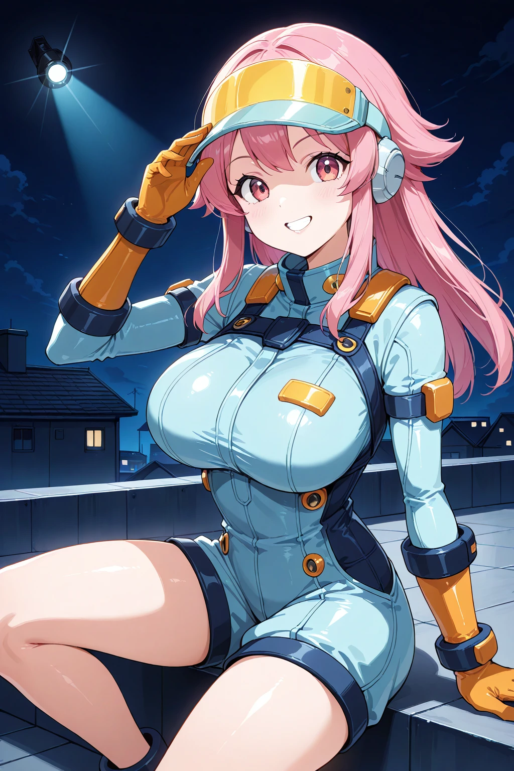 short jumpsuit, 1girl, solo, <lora:Short Jumpsuit Illustrious:0.6>, visor cap, hero, safety glasses, grin, rooftop, spotlight, night, sidelocks, looking at viewer, large breasts, light blue jumpsuit, pink hair, long hair