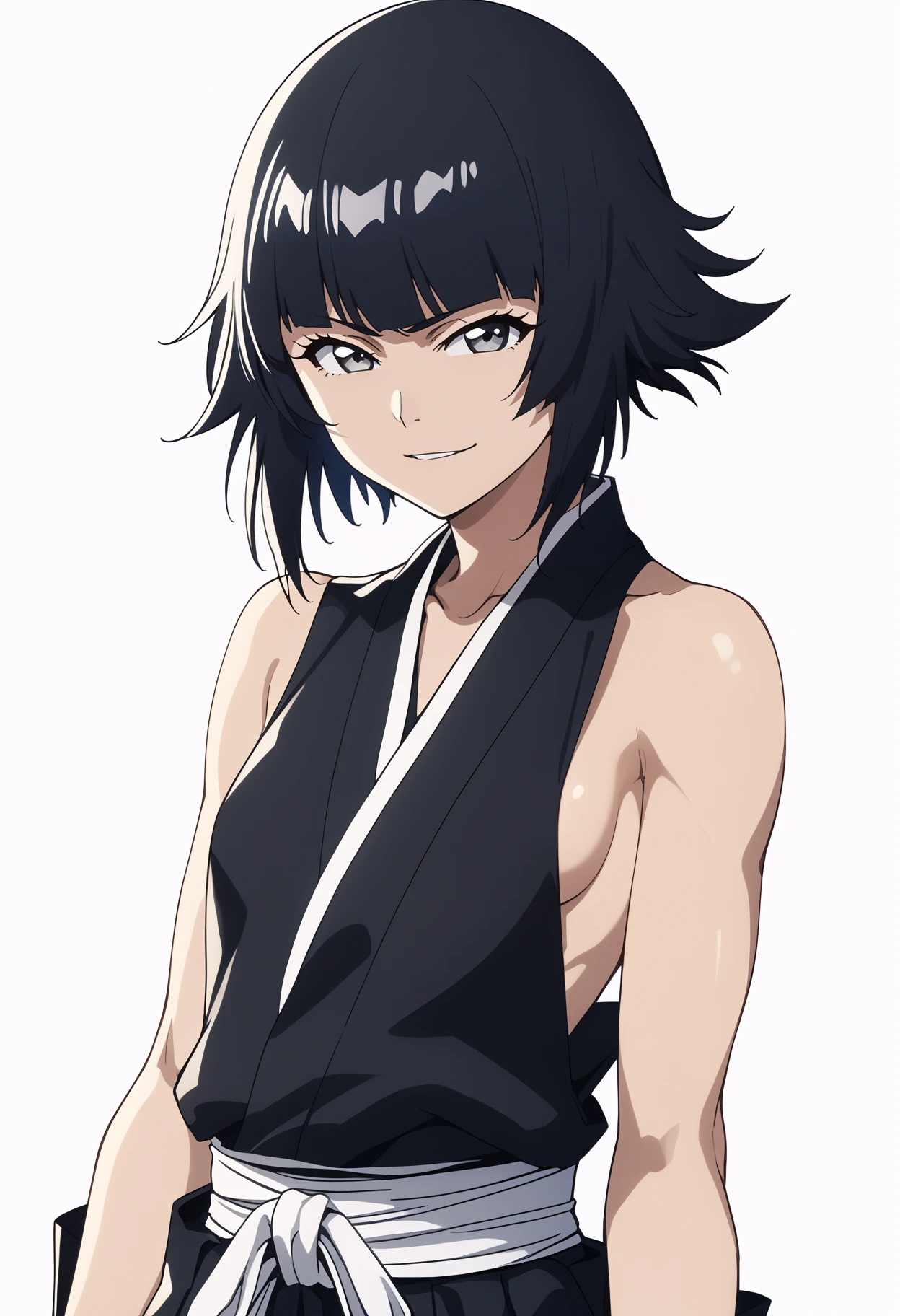 score_9, score_8_up, score_7_up, BREAK,
1girl, soifontybw, short hair, black hair, grey eyes,
sideboob, japanese clothes, black hakama,
upper body, smile, solo, looking at viewer, simple background, white background   <lora:SoifonPDXL_byKonan:1>