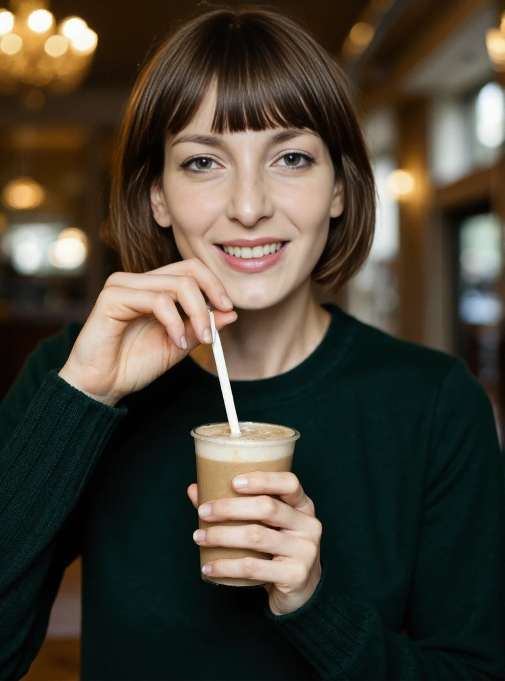 A professional photograph of a young fashion model Flora wearing a dark green cableknit sweater in a cafe, holding a latte, very short brunette hair in a cheek-length bob with bangs, detailed skin, bokeh, female focus, SFW, smiling<lora:Flora_aka_Mary_G:1>