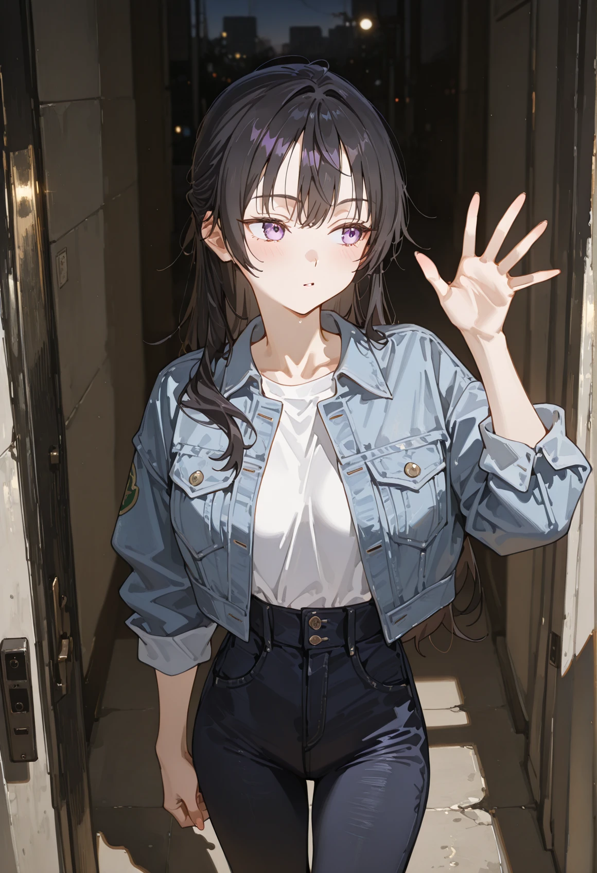 perfect quality,high quality,masterpiece,best quality,amazing quality,very aesthetic,Cinematic Lighting,newest,Tactical use of shadow,
perspective,bust,sideways_glance,Inquisitive gaze,
YukiSuou Cyql,1girl,solo,long hair,bangs,black hair,purple eyes,
standing_split,waving,
Denim jacket,neon tops,high-waisted jeans,
<lora:spo_sdxl_10ep_4k-data_lora_webui:0.5>,<lora:illustrious_all_rated_v1:0.6>,<lora:HG2512 by CYQL:0.5>,HG2512,<lora:DarkerThanBlackIllustrious:0.5>,<lora:EtherSDXL:0.5>,EtherStyle,<lora:YukiSuou_Illustrious by Cyql:0.9>,