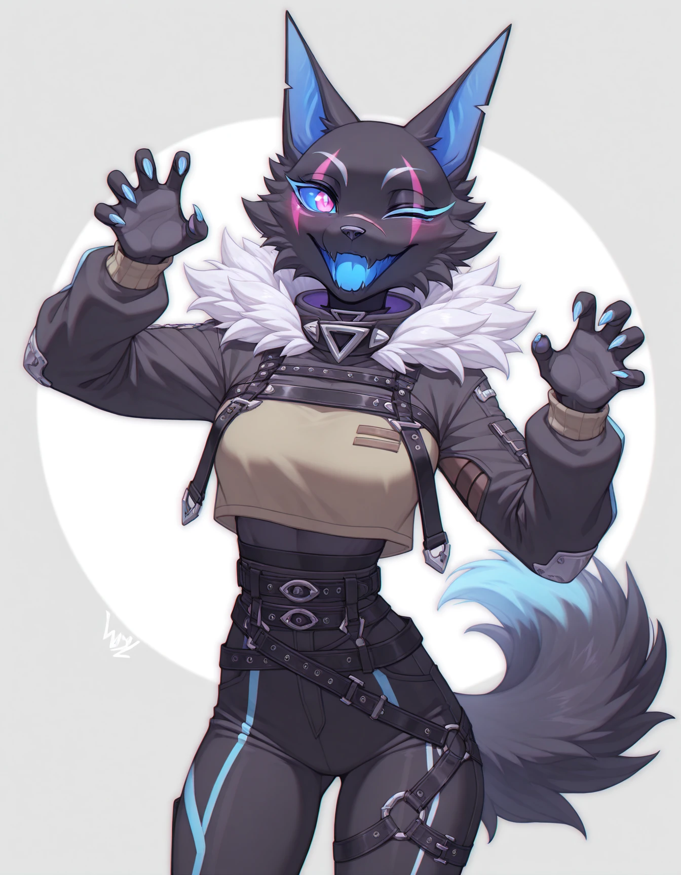 Highwire, girl, blue sclera, pink eye, blue mouth, one closed eye, scars in face, sleeves, black fur, general, cowboy shot, standing, long fingernails,claw pose, masterpiece, best quality, newest
<lora:Highwire_illustriousXL:0.9>