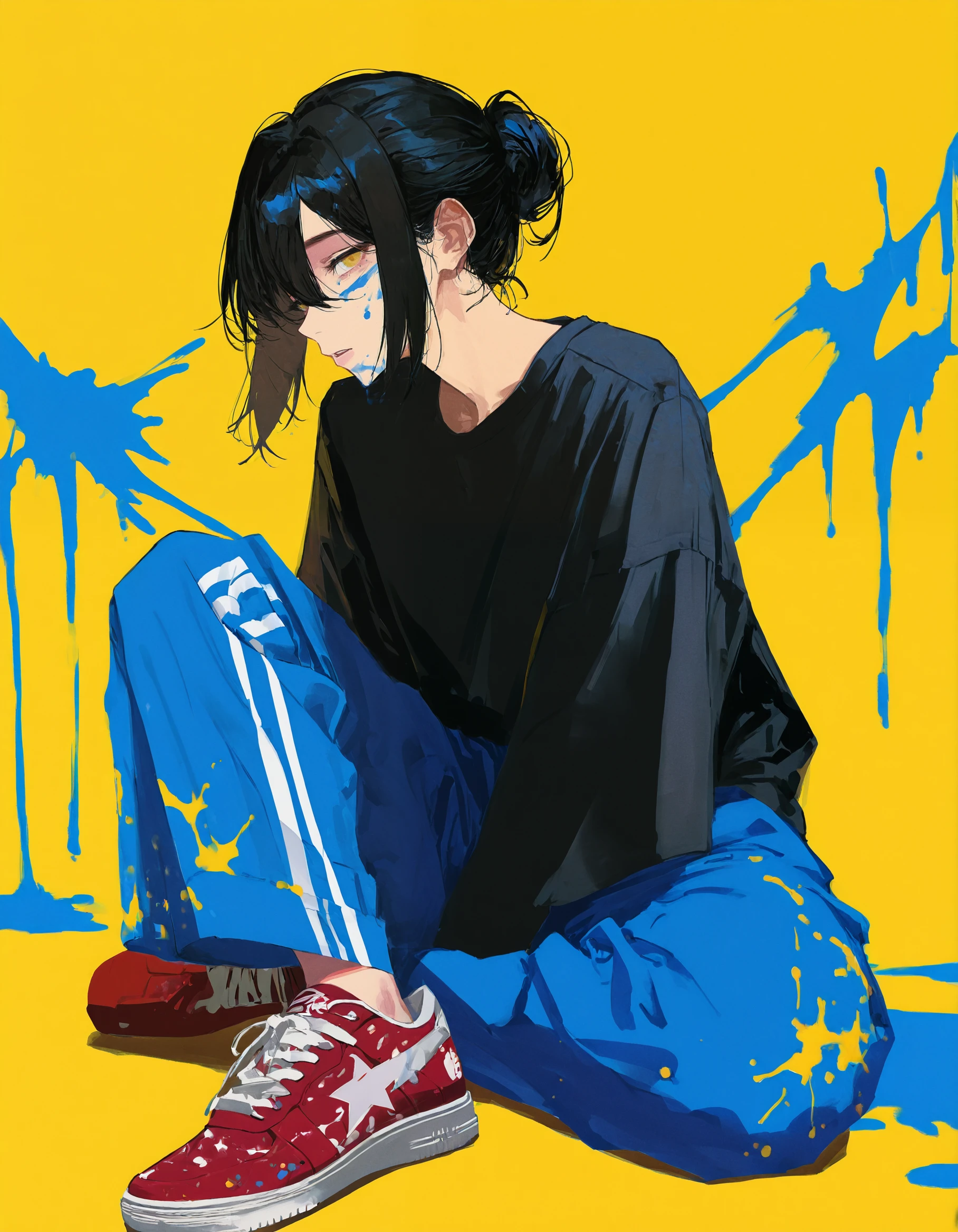 masterpiece, best quality, amazing quality, very aesthetic, absurdres, newest,<lora:69yottea_illu_v2:1>,69yottea_illu, solo, 69yottea_illu, solo, 1girl, sitting, black hair, single hair bun, striped, pants, yellow background, hair bun, shirt, long sleeves, black shirt,paint splatter, blue_paint,blue theme
, <lora:b4pes4:1>,sneakers, red sneakers,