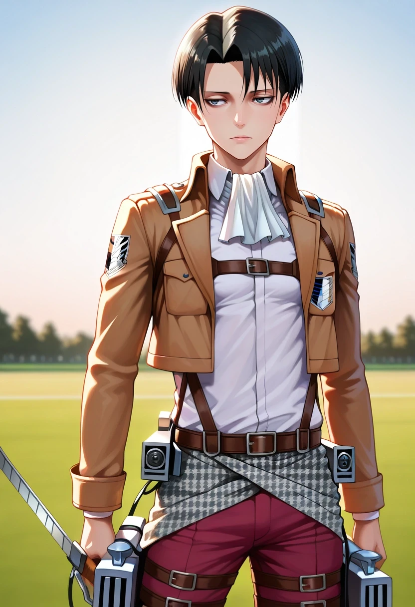 masterpiece, best quality, , (realistic:0.6), , , 1boy, solo, male focus, <lora:levi_ackerman_ilxl:0.94>, levi_ackerman, black hair, black eyes, short hair, curtained hair, paradis military uniform, ascot, three-dimensional maneuver gear, , Track pants, CoralReef Houndstooth Barkcloth Golf polo, , ,