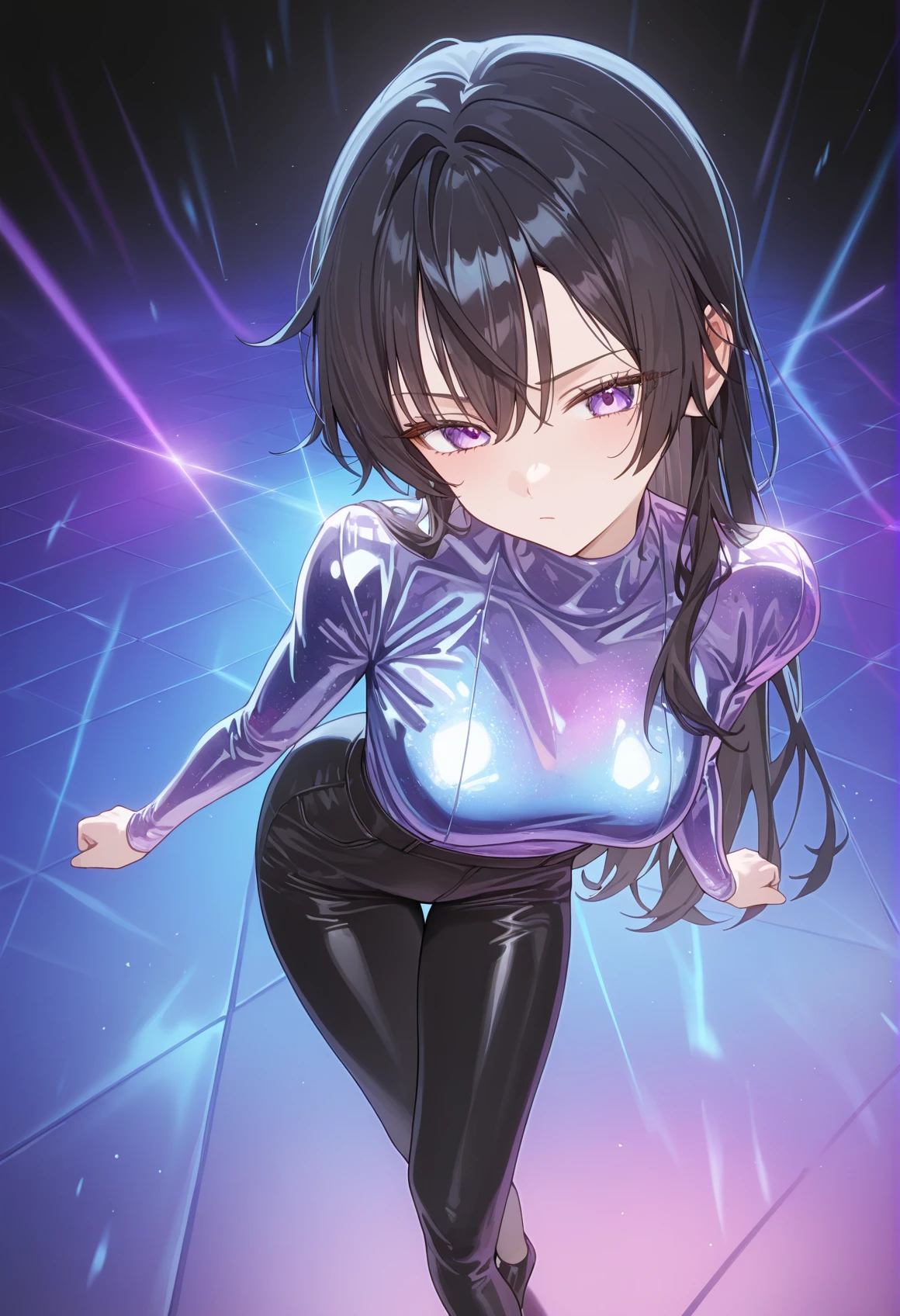 perfect quality,high quality,masterpiece,best quality,amazing quality,very aesthetic,Cinematic Lighting,newest,Tactical use of shadow,
from_above,Long shot,head_tilt,Squint,
YukiSuou Cyql,1girl,solo,long hair,bangs,black hair,purple eyes,
leaning_forward,covering_face,
paperbag waist pants, fitted turtleneck, pumps,
Disco-themed, Vibrant, groovy, retro 70s style, shiny disco balls, neon lights, dance floor, highly detailed,,
laser light clothes,qxys,<lora:spo_sdxl_10ep_4k-data_lora_webui:0.7>,<lora:illustrious_all_rated_v1:0.5>,<lora:laser_light_clothes_v0.5-pony:0.4>,<lora:HG2512 by CYQL:0.5>,HG2512,<lora:YukiSuou_Illustrious by Cyql:0.9>,