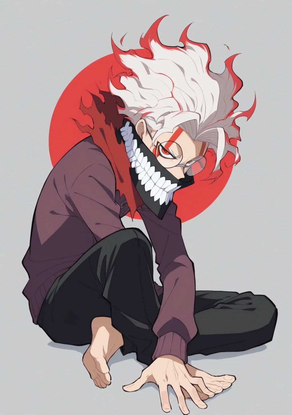 score_9, score_8_up, score_7_up, score_6_up, score_5_up, score_4_up, masterpiece, high quality, BREAK, full body, BREAK, <lora:Ken_Takakura_DandaDan_Illustrious:0.8> ken takakura, dandadan, white hair, large teeth, large mouth, scarf mouth, round glasses, pale skin, red lines on face, cursed, red hair outline, red eyes,