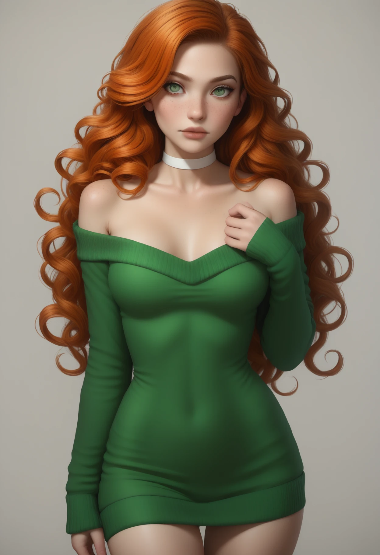 ((masterpiece, best quality, absurdres)),
1girl, solo, cowboy shot, sexy sweater dress, green sweater, scoop neck, long sleeves, bare shoulders, white choker,
 <lora:Dark_Erin_Illust_v1:0.7> d4rk3r1n, orange hair, green eyes,