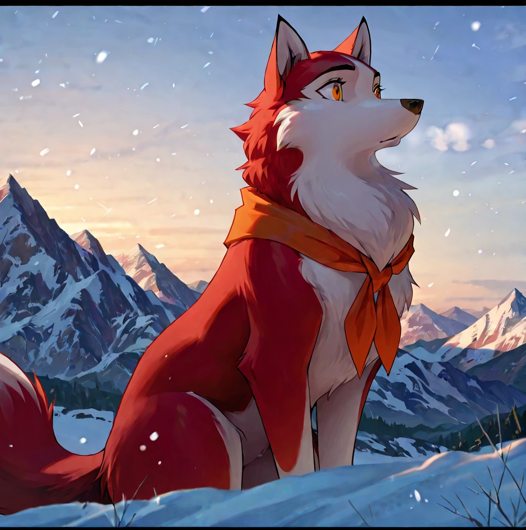 masterpiece, best quality, detailed, detailed background, absurd res,  <lora:jennabaltoillustrious:1>, 1girl, jenna\(balto\), solo, outdoors, sky, no humans, letterboxed, snow, mountain, two tone fur, red fur, canine , amber eyes, neckerchief