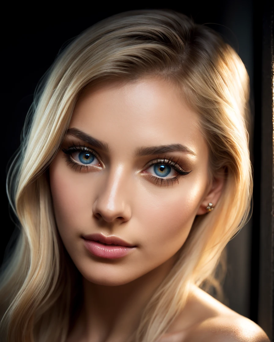 <lora:Poppy_Spektre:1> poppy_spektre, blonde, cleavage, (Upper body photo:1.2). Beautiful female.  Detailed eyes framed by long, perfect eyelashes. Elegant eyeliner. Light make-up. Detailed face. Soft features. Fantasy, Whimsical. Surreal. detailed features, organic forms, meticulous portraiture, complex patterns, double exposure, two photos overlapping, transparent, surreal artwork, artful, aesthetic, unusual, vintage feel, post apocalyptic, unsettling violence, macabre, suspenseful, crazy visual soundscape. ((an extremely delicate and beautiful)), floating, (detailed clothes), (detailed light), (sunlight), (shine), colorful, dynamic vivid colors, panorama, Professional portraits, dynamic lighting. Magical, enchanting, alluring. Exotic. Erotic, Sensual, revealing clothes., Create a portrait of upper body of a beautiful woman with a serene expression. She has large, almond-shaped eyes that are a deep, mesmerizing blue, framed by long, perfect eyelashes. Perfect eyes, highly detailed beautiful expressive eyes, detailed eyes. Her eyebrows are perfectly arched and delicate, adding grace to her gaze. Her skin is flawless, with a soft, natural glow, Her lips are full and slightly parted, revealing a hint of a gentle smile, with a natural rosy hue. Her nose is small and perfectly proportioned to her face. The overall mood is one of calm and introspective beauty. The art style should be hyper-realistic, capturing every minute detail, with a soft, diffused lighting that highlights the texture of her skin and the depth of her expression, reminiscent of classical portrait paintings but with a modern, cyberpunk twist. Photorealistic, Natural atmospheric lighting, intricate details, 35mm photograph, film, professional, 4k visuals, highly detailed, elegant, studio quality.