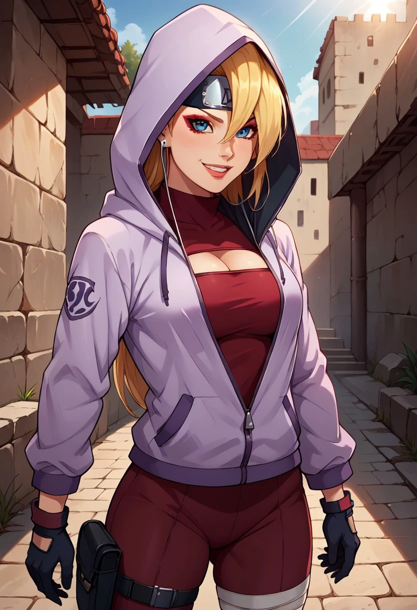 YodoBNNG, 1girl, solo, fair-skinned girl, blonde hair, long hair, unruly hair, hair between eyes, hair over one eye, large bang, forehead protector, dark blue eyes, lips, large breast, cleavage cutout, clothing cutout, hood, hoodie, jacket, half-unzipped hooded light purple jacket, dark red full-body suit, black gloves,  sandals, toeless footwear, earbuds, bandages around her ankles, bandages right thigh, makeup, thigh pouch,   
seductive pose, sexy pose, tease,  in the spotlight,,
smile,ruins,
score_9, score_8_up, score_7_up, beautiful aesthetic, very intricate, high quality details,vibrant, highly detailed, award-winning, professional,anime artwork, anime style, studio anime, athletic, curvy body, athletic girl, perky tits,large breast,perfect tits, round breasts, nipple outline,looking at viewer, pinup pose,teasing, dynamic lighting, cinematic, smug, better than you, aura of temptation, highly detailed, high resolution, masterpiece, detailed clothes, detailed background, highly detailed, ((sound effects)) comic layout,