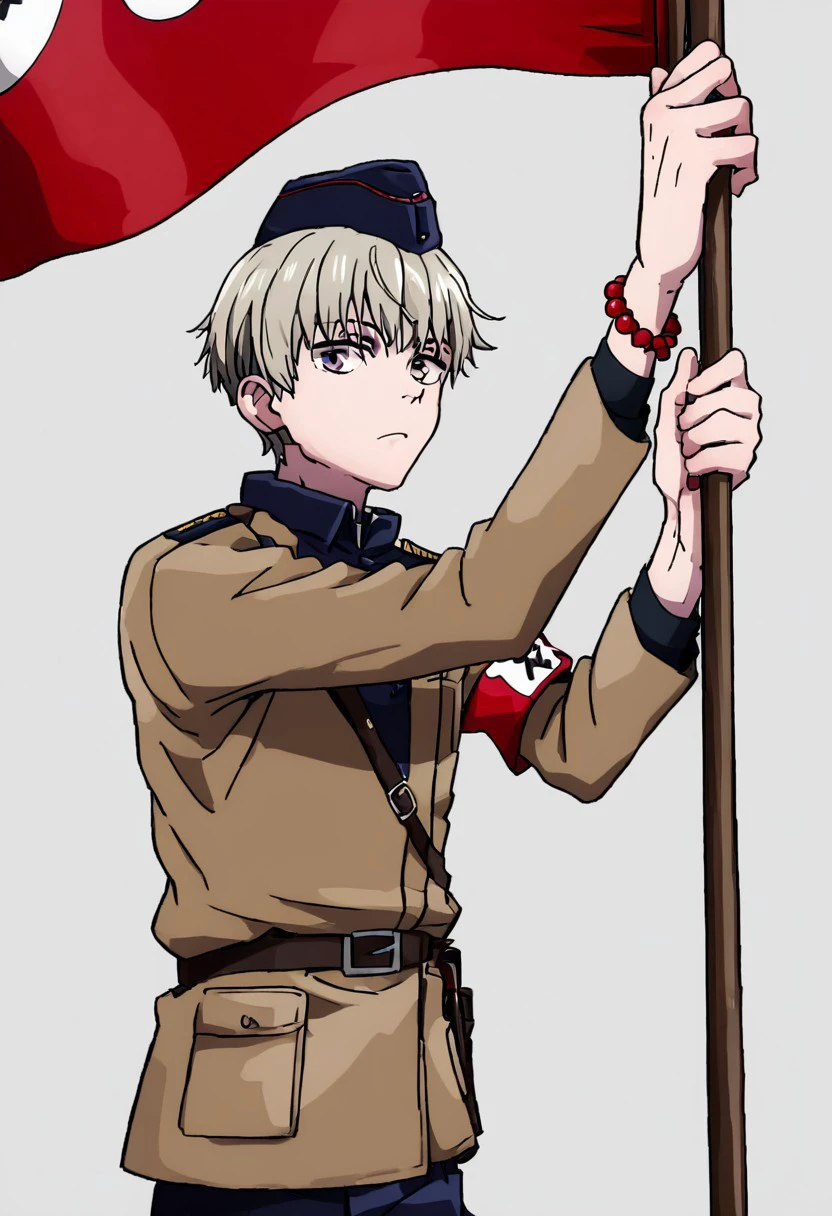 score_9, score_8_up, source_anime, highly detailed,highly detailed eyes,toge_inumaki, grey hair, purple eyes, bangs, short hair, Red flag with circle in the White with, beads, long sleeves,shirt, Holding the flag, hat, male focus, flag, holding flag, upper body, socks, Solo, hitler youth, very short hair, garrison cap, youths, collared shirt, military uniform, brown jacket, Red armband with white circle in it, shorts, bead bracelet,1boy,
