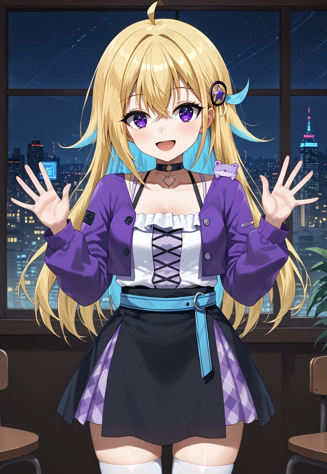 1girl, solo, solo focus, highres, absurdres, HasekuraMuumi, blonde hair, ahoge, long hair, blue hair, hair ornament, multicolored hair, hair between eyes, bangs, purple eyes, colored inner hair,
purple jacket, collarbone, black choker, open jacket, white shirt, white thighhighs, long sleeves, black skirt, blue belt,
looking at viewer, head tilt, smile, open mouth, hands up, waving,
cafe, window, cityscape, neon lights, shade, night, night sky, dark, backlighting,