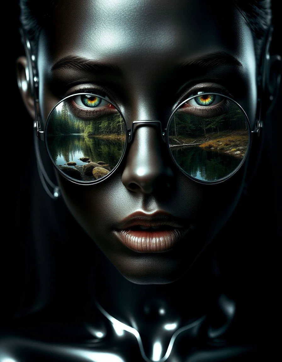 double-exposure. This is a highly detailed, digital artwork featuring a futuristic, surreal portrait of a woman. The subject is rendered in a hyper-realistic, glossy style with a metallic, almost mirror-like texture. Her face is a blend of human and digital elements. The woman's skin is a dark, reflective silver, giving her an otherworldly appearance. Her eyes, which are a striking, realistic green, are the focal point, reflecting a serene natural scene of a forest and a lake.<lora:razor-exposure:1>