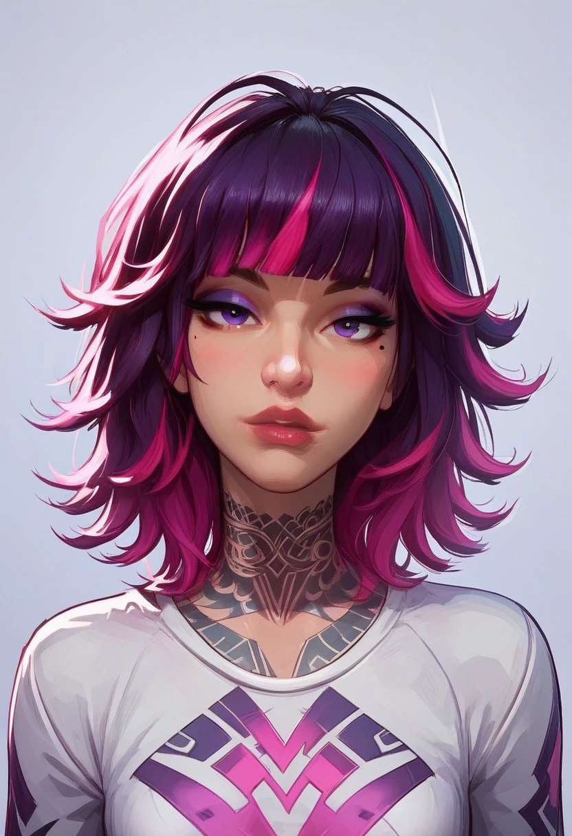 MarvelRivals, Sophiaaa, (beautiful face), medium hair,mole under left eye,left tattoos,black and purple hair,pink hair highlights,purple eyes, eyeshadow,blunt bangs,slender eyes, lips, strong eyebrows,1girl,solo,looking at viewer, white shirt, Stylized, Semi-realistic style, studio lighting, blue ambiance, atmospheric, cooler colors, portrait,