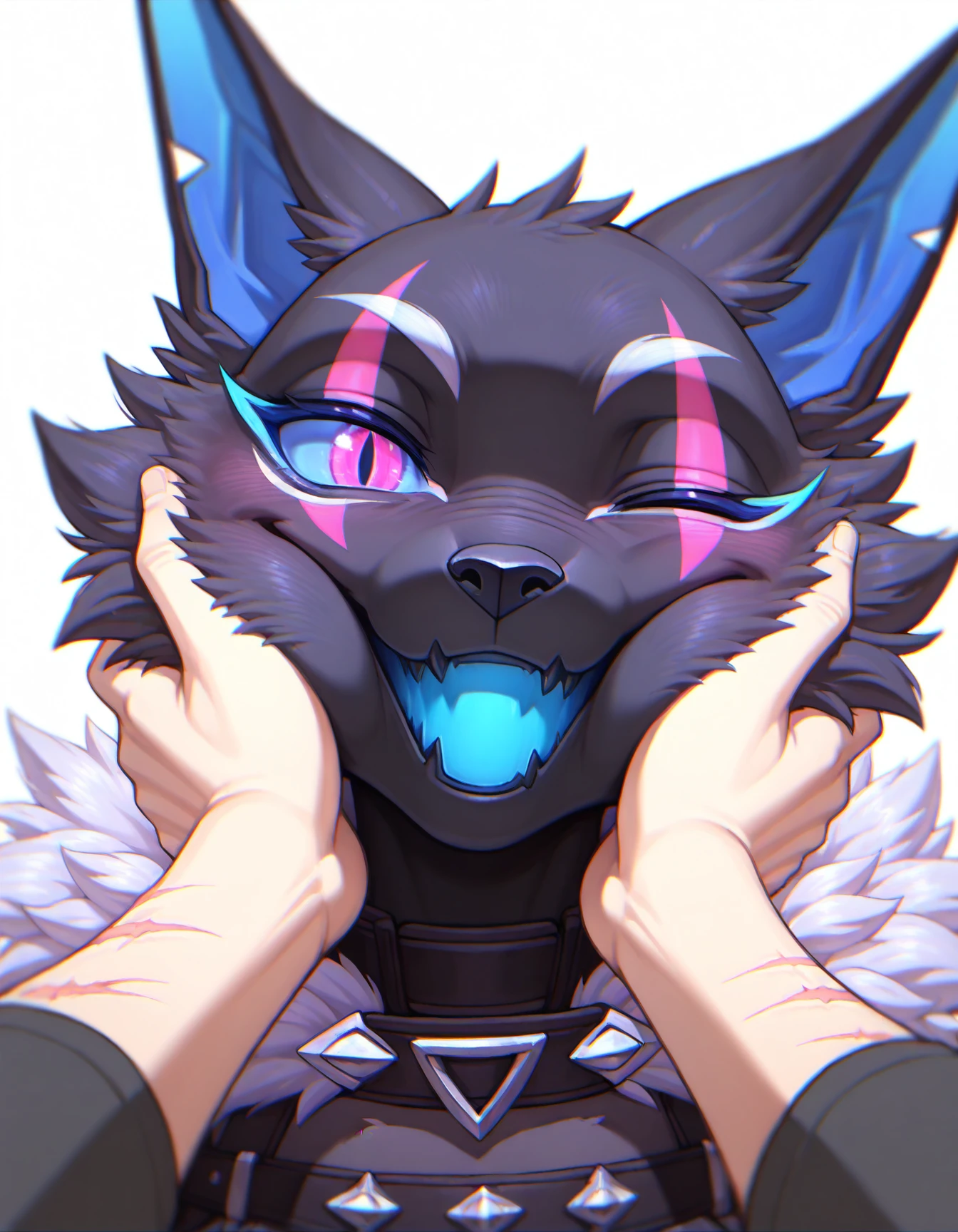 Highwire, girl, blue sclera, pink eye, blue mouth, right closed eye, scars in eyes, sleeves, black fur, masterpiece, best quality, good quality, pov hands, cheek squash, hand on another's face, looking at viewer, solo focus,white background, 1boy, upper body, 1other,
<lora:Highwire_illustriousXL:0.9>
