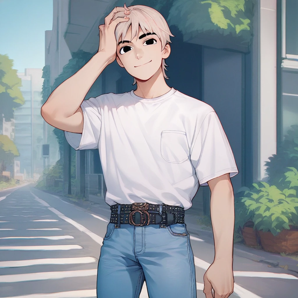 Score_9, score_8_up, score_7_up, score_6_up, score_5_up, score_4_up, source_anime, Todd-Ingrim, black eyes, blond hair, smiling, white shirt, belt, jeans, sneakers, standing, one hand on head, looking at viewer, outdoor,