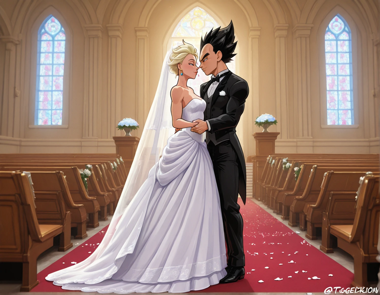 kogeikun, wedding, getting married, interior of church, petals,
elsa, wedding dress,
Vegeta, tuxedo,
<lora:Kogeikun_IL:0.8>