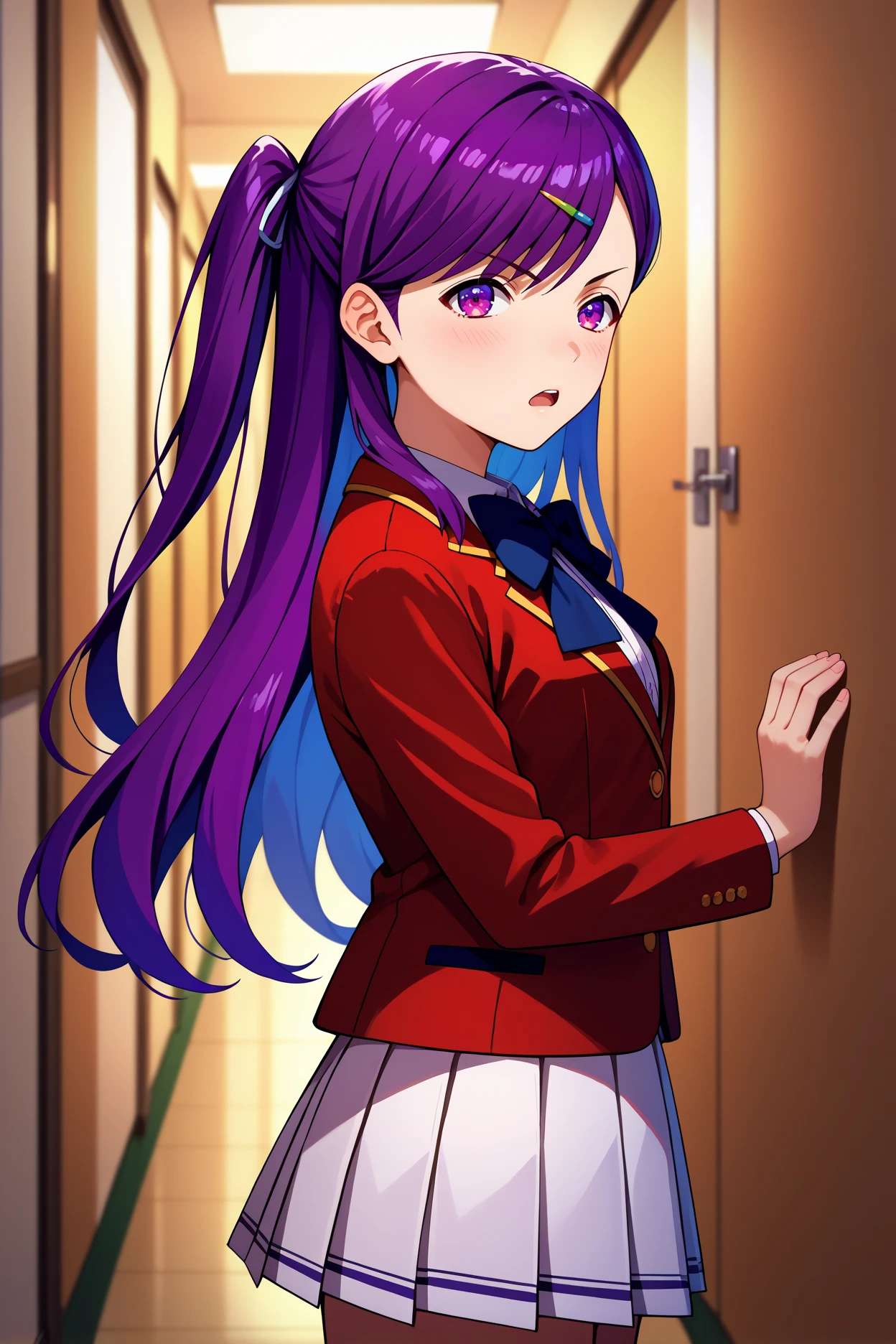 score_9, score_8_up, score_7_up, score_6_up, source_anime, 1girl, solo, <lora:kamuromasumi-pdxl-nvwls-v1_1-000005:1> hskamuro, one side up, purple hair, long hair, purple eyes, hairclip, red blazer, black bowtie, white miniskirt, pleated skirt, from side, looking at you, open mouth, blush, hallway