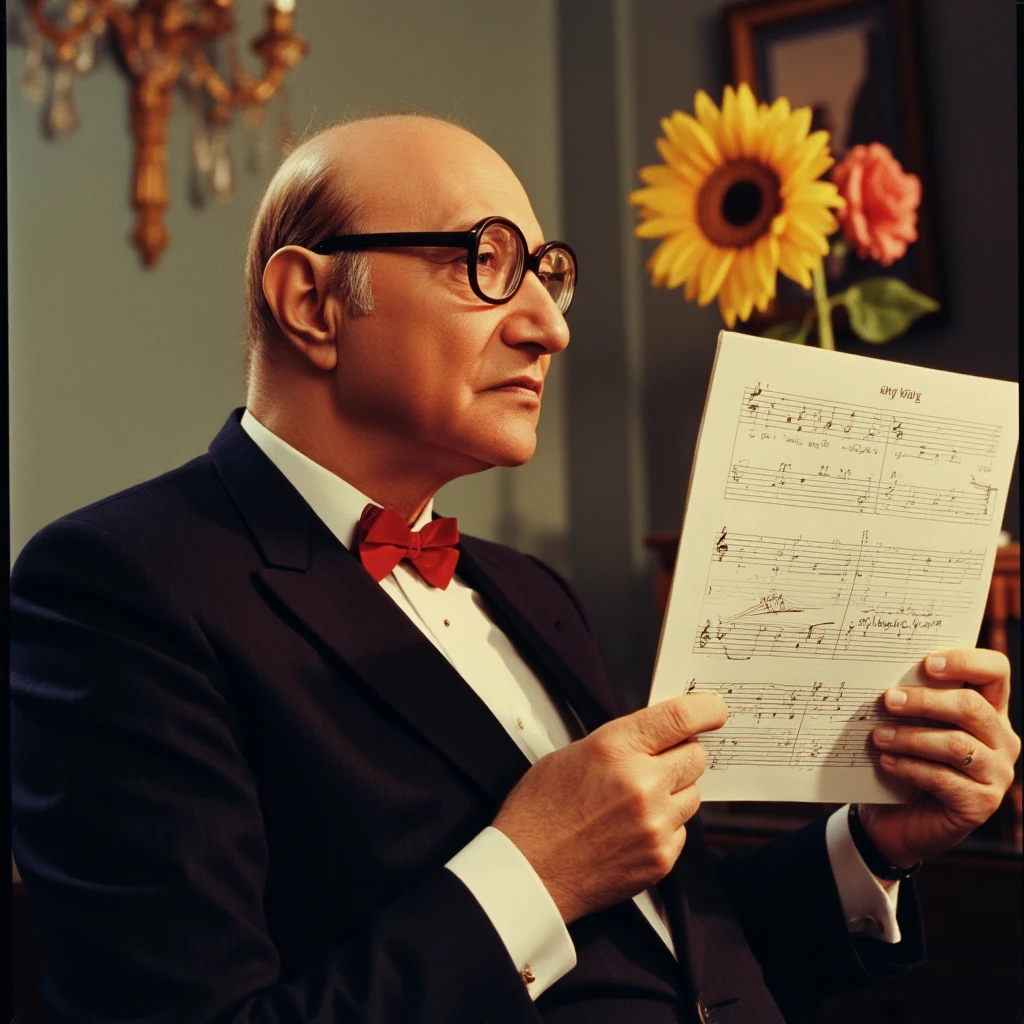 cinematic film still of  <lora:Mohammed Abdel Wahab v1:0.9>
Mohammed Abdel Wahab a old bald man with glasses in front of sheet music, Mehammad Abdelwehab style, glasses, facial hair, formal, suit, musical note, eighth note, bald, beamed eighth notes, quarter note, solo, flower, necktie, sunflower, real life insert, treble clef, beamed sixteenth notes, staff (music), bass clef, dated, parody, sunglasses, shallow depth of field, vignette, highly detailed, high budget, bokeh, cinemascope, moody, epic, gorgeous, film grain, grainy