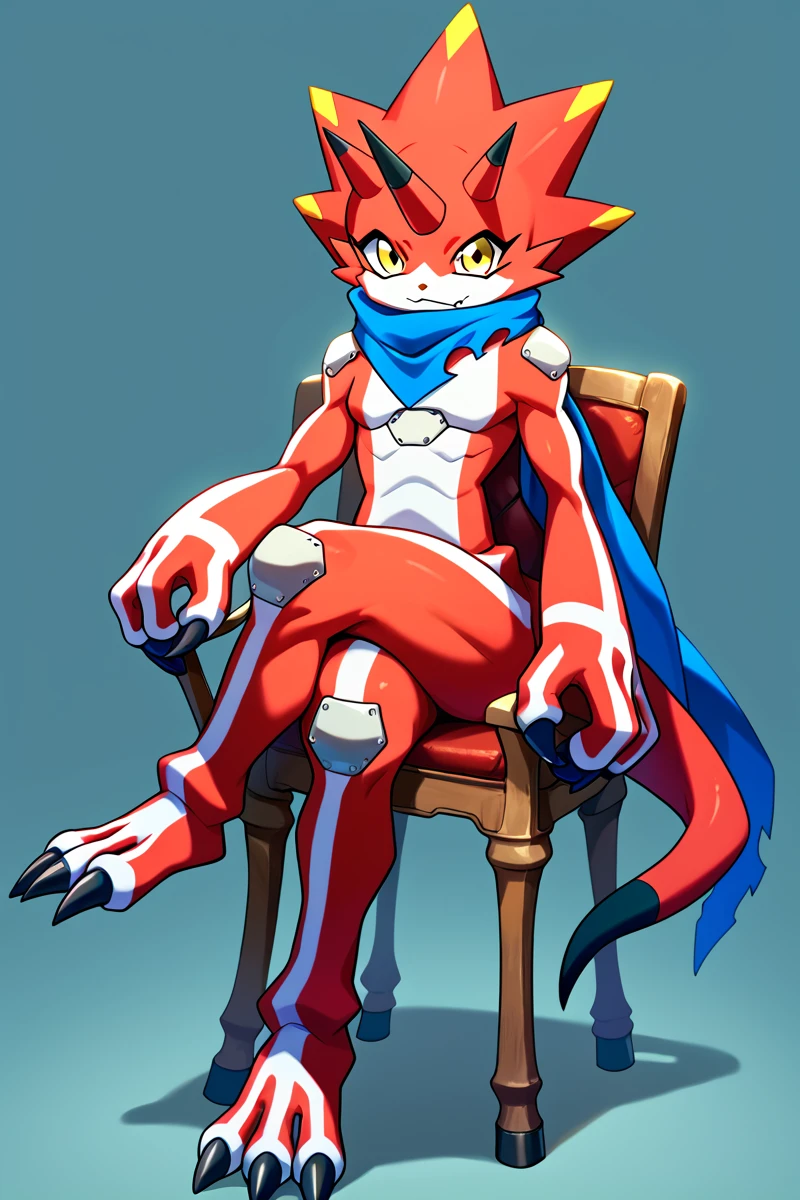<lora:betelgammamon:1>,betelgammamon,digimon (creature),red skin,scarf,yellow eyes,score_6_up,score_7_up,score_8,score_9,full body,sitting,crossed legs,on chair,