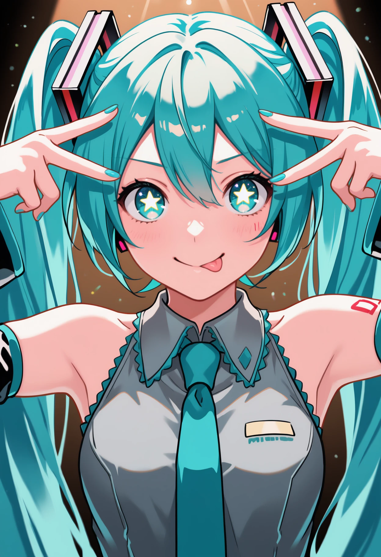 masterpiece, best quality, upper body, solo, 1girl, hatsune miku, vocaloid, number tattoo, aihsnpose, smile, tongue out, double v, star-shaped pupils, aqua hair, twintails, hair ornament, aqua eyes, grey shirt, sleeveless shirt, aqua necktie, black sleeves, detached sleeves, aqua nails, spotlight
<segment:yolo-Anzhc Face seg 640 v2 y8n.pt,0.4,0.5//cid=1>