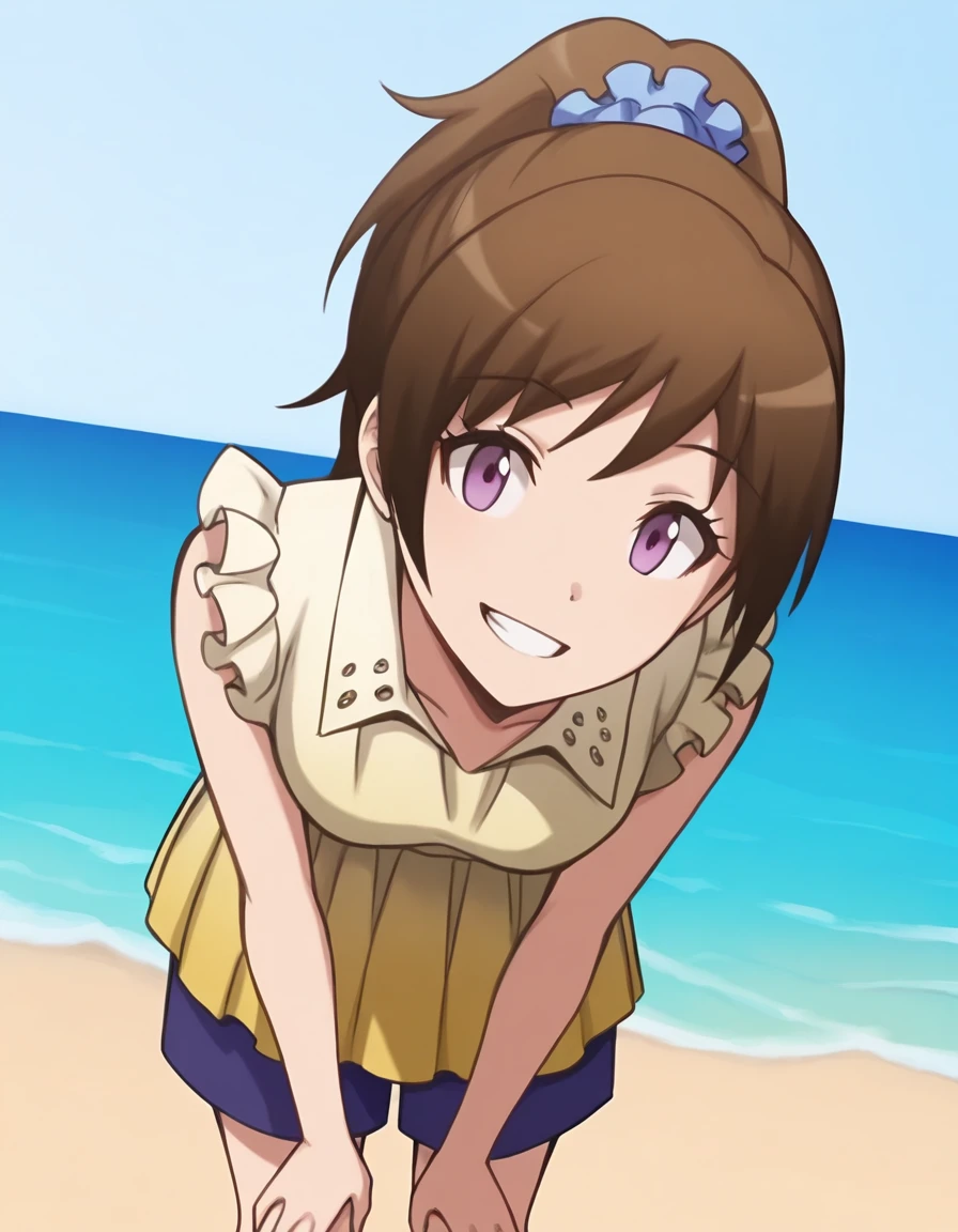 masterpiece, best quality, 1girl, <lora:Toka_Yada_IL_v2:1>, yadatoka, brown hair, high ponytail, purple eyes, blue scrunchie, tokasummer, pleated dress, two-tone dress, beige dress, yellow dress, frilled sleeves, blue shorts, looking at viewer, smile, teeth, leaning forwards, hands on own knees, beach, ocean