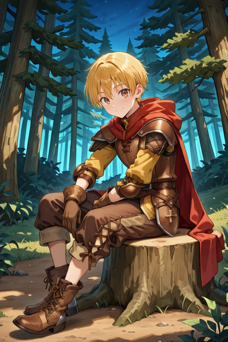 <lora:Canaan:0.8> , CaDef, solo, 1boy, brown eyes, short hair, blonde hair, red hood, hood down, shoulder pads, elbow pads, armor,  brown pants, capri pants, brown armor, cross-laced clothes, yellow sleeves, brown gloves, gloves, armored boots, brown boots, boots, full body, sitting, on stump, smile, closed mouth, exterior, night, forest, looking at viewer,  solo, masterpiece, very aesthetic, absurdres, best quality, amazing quality, high resolution, detailed background, <lora:illustrious_quality_modifiers_masterpieces_v1:0.8> , <lora:ChamIllustriousBackgroundEnhancer:0.5>