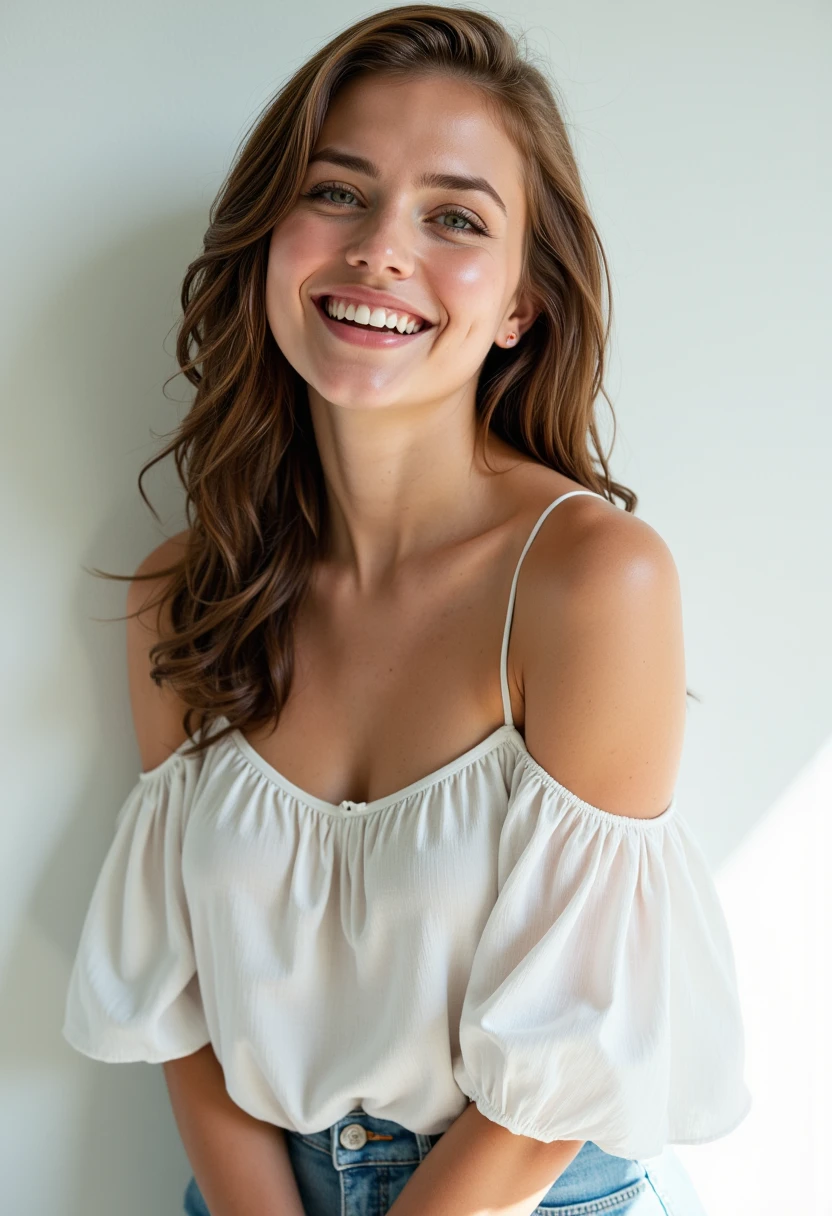 headshots, multiple angles,photoshoot poses; the image is a portrait of a young woman. she is standing. she has piercing eyes. She is wearing a white off-the-shoulder blouse with ruffled sleeves. She has happy look on her face. she is laughing with her mouth open. The background is a simple white wall. The overall mood of the image is happy.RAW candid cinema,16mm,color graded portra 400 film,remarkable color,ultra realistic,textured skin,remarkable detailed pupils,realistic dull skin noise,visible skin detail,skin fuzz,dry skin,shot with cinematic camera,detailed skin texture,(blush:0.2),(goosebumps:0.3),subsurface scattering,beautiful photograph in the style of Augustus John,Sergio Toppi,Virginia Frances Sterrett,8k HD,detailed skin texture,ultra realistic,textured skin,analog raw photo,cinematic grain,whimsical.perfection style