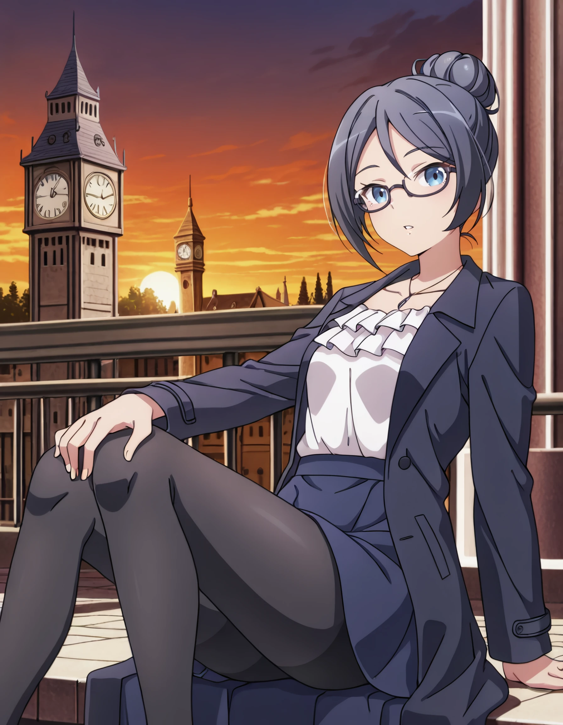 <lora:beatrice_roegner_il:1> beatrice_roegner, short_hair, black_hair, single_hair_bun, blue_eyes, semi-rimless_eyewear, glasses, skirt, sleeveless, white_shirt, black_pantyhose, 1girl, solo_focus,  1boy, arm_support, black_coat, building, clock, clock_tower, coat, feet_out_of_frame, hand_on_own_knee, leaning_back, looking_at_viewer, outdoors, parted_lips, railing, sitting, solo, spread_legs, statue, sunset, tower, bald, darkness, Tiger_print, masterpiece, detailed, best_quality