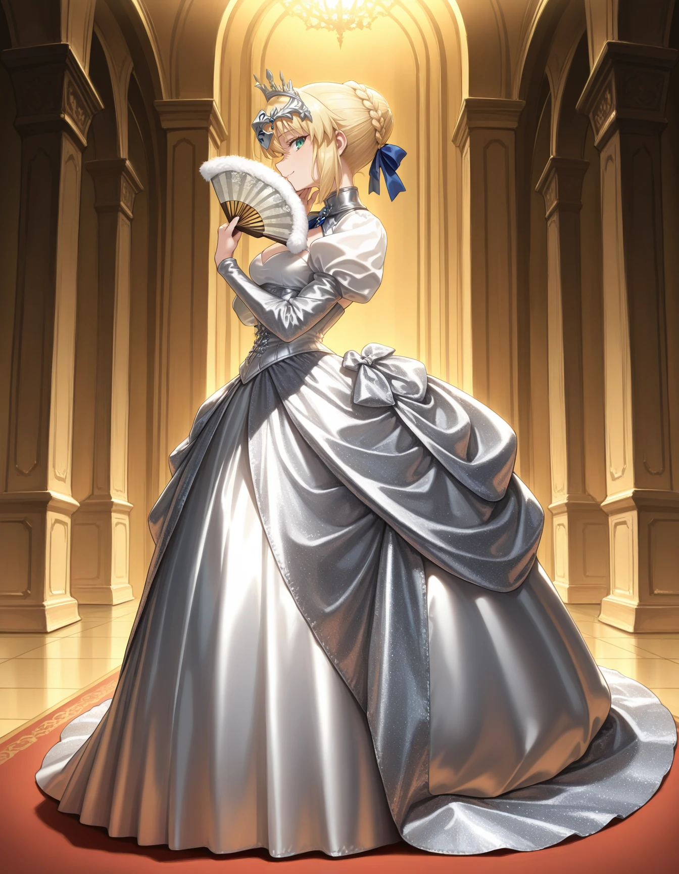 1girl, solo, artoria pendragon \(fate\), standing, velvet azure silver fabric, gown, full body, corset, bustle skirt, profile, looking at viewer, holding fan, hand to face, grand hall, headpiece, ojou-sama pose, laugh, cowboy shot masterpiece, best quality, very aesthetic, newest