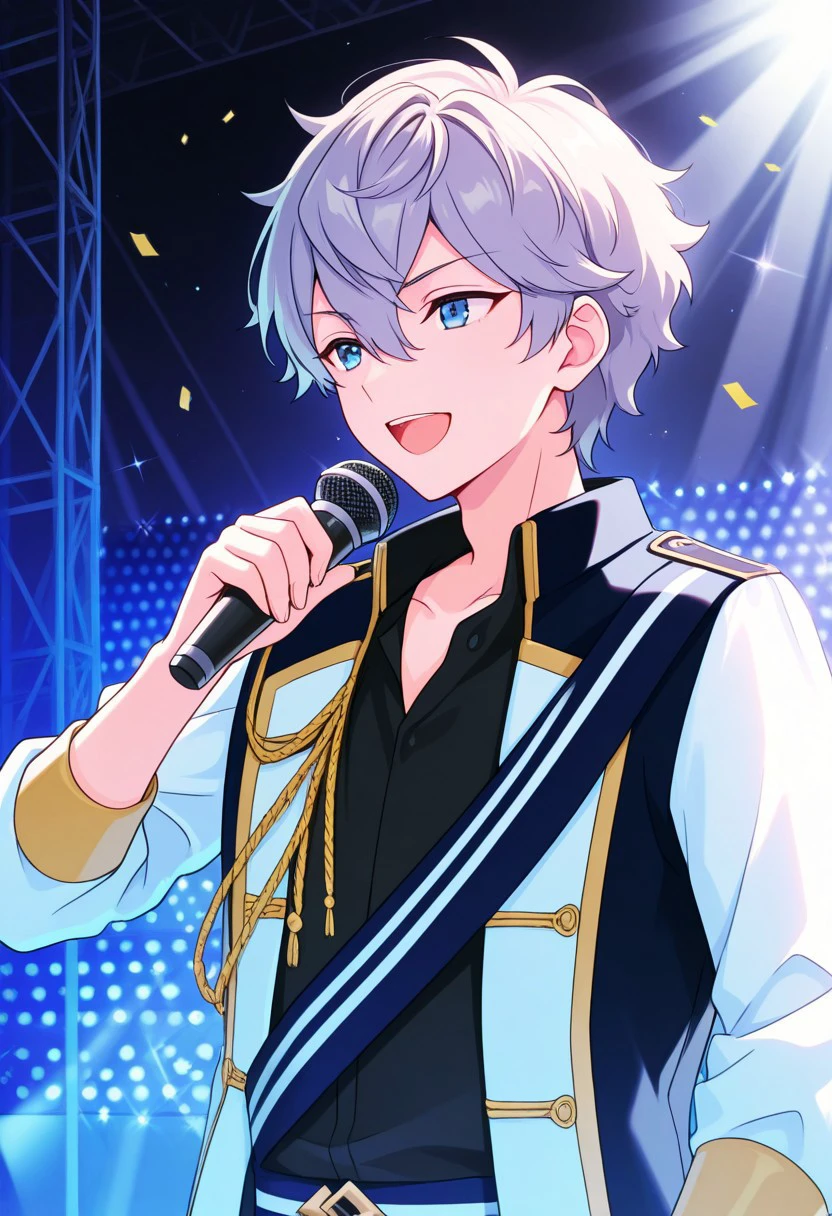 masterpiece, best quality, 
izumisena, 1boy, male focus, solo, blue eyes, grey hair, short hair, bangs, hair between eyes, knights uniform, shirt, black shirt, collared shirt, jacket, white jacket, long sleeves, open jacket, open clothes, aiguillette, sash, blue sash, holding microphone, singing, open mouth, happy,
indoor, stage, lights, confetti,