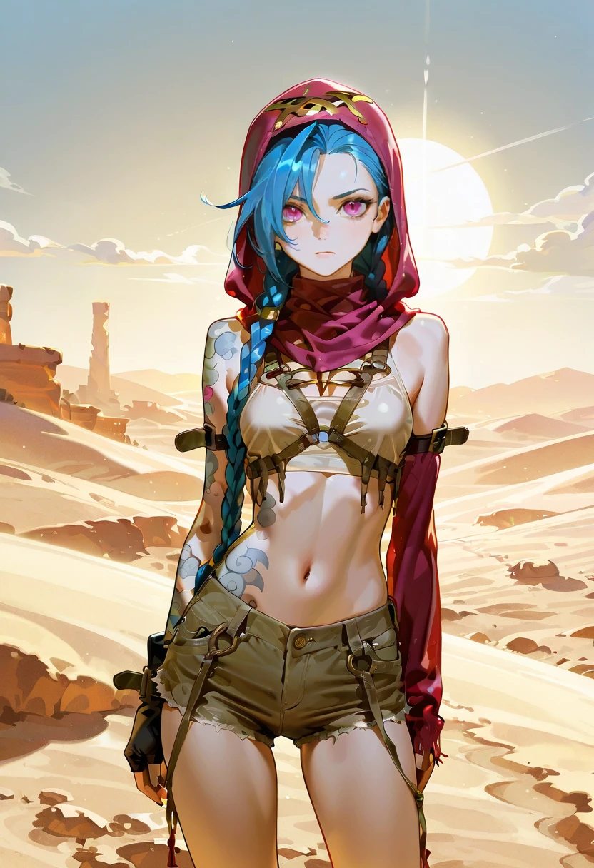 1girl,solo,looking at viewer,ikeda ruriko, desert, hood, shorts, scarf,midriff,jinx_(league_of_legends)