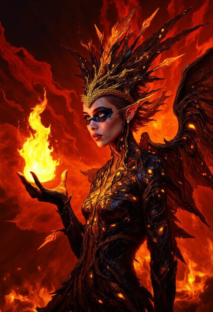This striking image depicts a powerful, fiery entity radiating both beauty and menace. The figure stands surrounded by a smoldering, infernal backdrop, bathed in deep reds, blacks, and glowing ember tones. Her face is serene yet commanding, with dark makeup accentuating her glowing eyes, which appear to hold the very essence of fire. Cracks of molten energy stretch across her skin like glowing fissures, as if her body is forged from volcanic rock, barely containing the flames within. Her head is adorned with an intricate, towering crown made of molten gold and braided textures that shimmer like firelight. The crown expands outward into a dramatic, flame-like silhouette, giving her an otherworldly and regal appearance. The golden patterns and embers embedded in the crown and her armor complement her fiery nature, making her look like a goddess or a queen of a volcanic underworld. In her outstretched hand, she holds a vibrant flame that dances with life, illuminating her features and casting sharp, dramatic shadows. The flame seems to respond to her presence, flowing and twisting with unnatural energy, emphasizing her control over this destructive force. Her fingers, elegantly poised, seem to cradle the fire as though it is an extension of herself, not a mere tool or weapon. Her armor is dark, textured, and organic, molded as if from charred volcanic rock with glowing cracks of magma breaking through its surface.