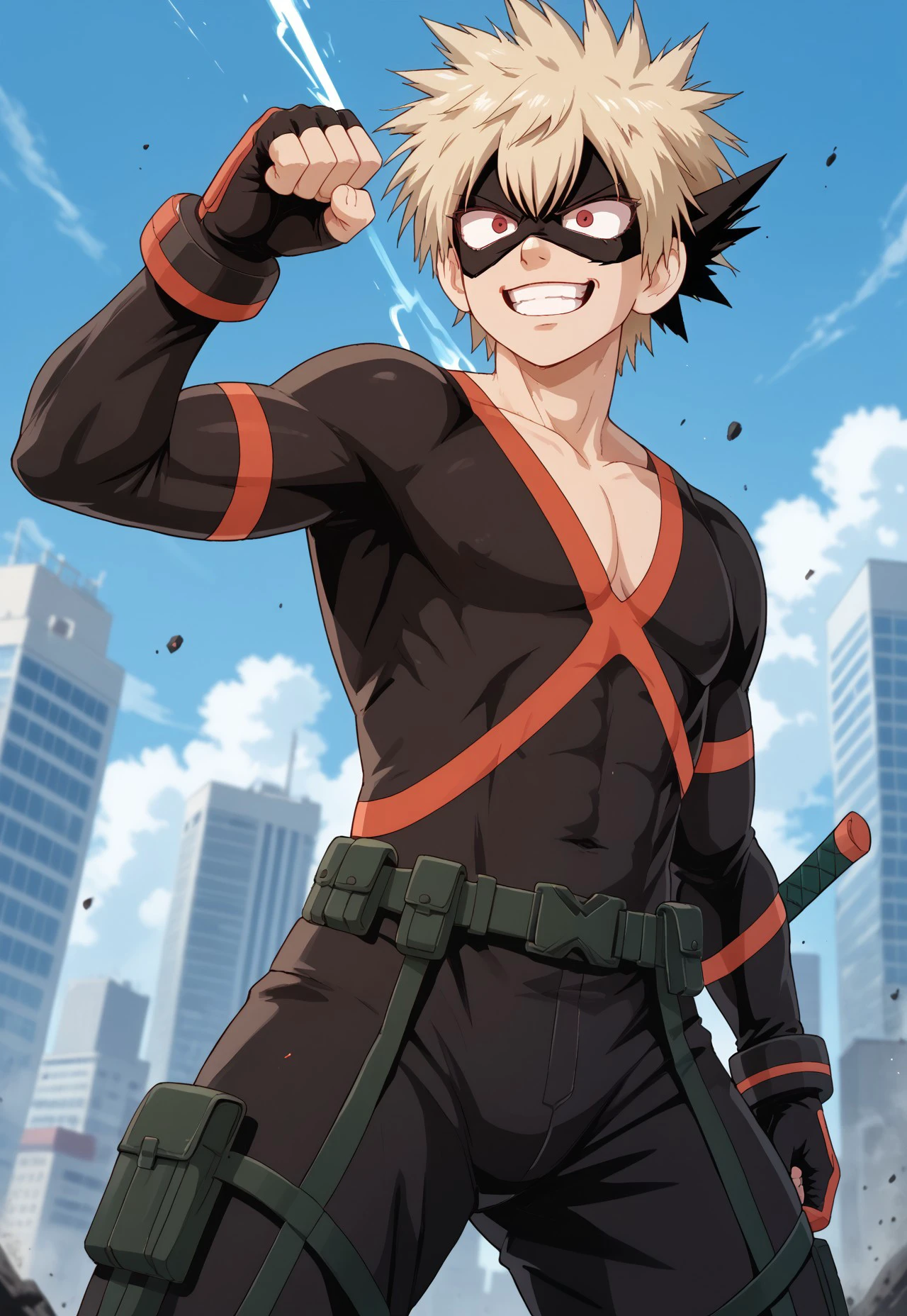 score_9, score_8_up, score_7_up, score_6_up, 1boy, solo, katsuki_bakugou, male focus, bodysuit, serious look, clenched fists, fighting pose, action pose, fists bump, prepare to fighting, skyscrapper, blue sky, looking at viewer, crazy smile, fire smoke, serious, cowboy shot