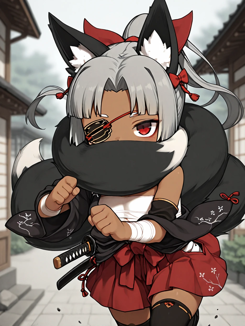 1girl, Izuna, grey hair, high-ponytail, red eyes, black fox ears, black fox tail, 4 tails, dark_skin, eyepatch, bandages, sarashi, red skirt, black toga, black sleeve, hair bow, red bow, tail over mouth, covered mouth, tail around head, black thighhighs, sheath, katana,

expressionless, standing, ((dynamic pose)), outdoors, RUNNING,

masterpiece, best quality,amazing quality, very aesthetic, absurdres, depth of field, blurry background, extremely detailed face, detailed eyes eyes,masterpiece,best quality,amazing quality