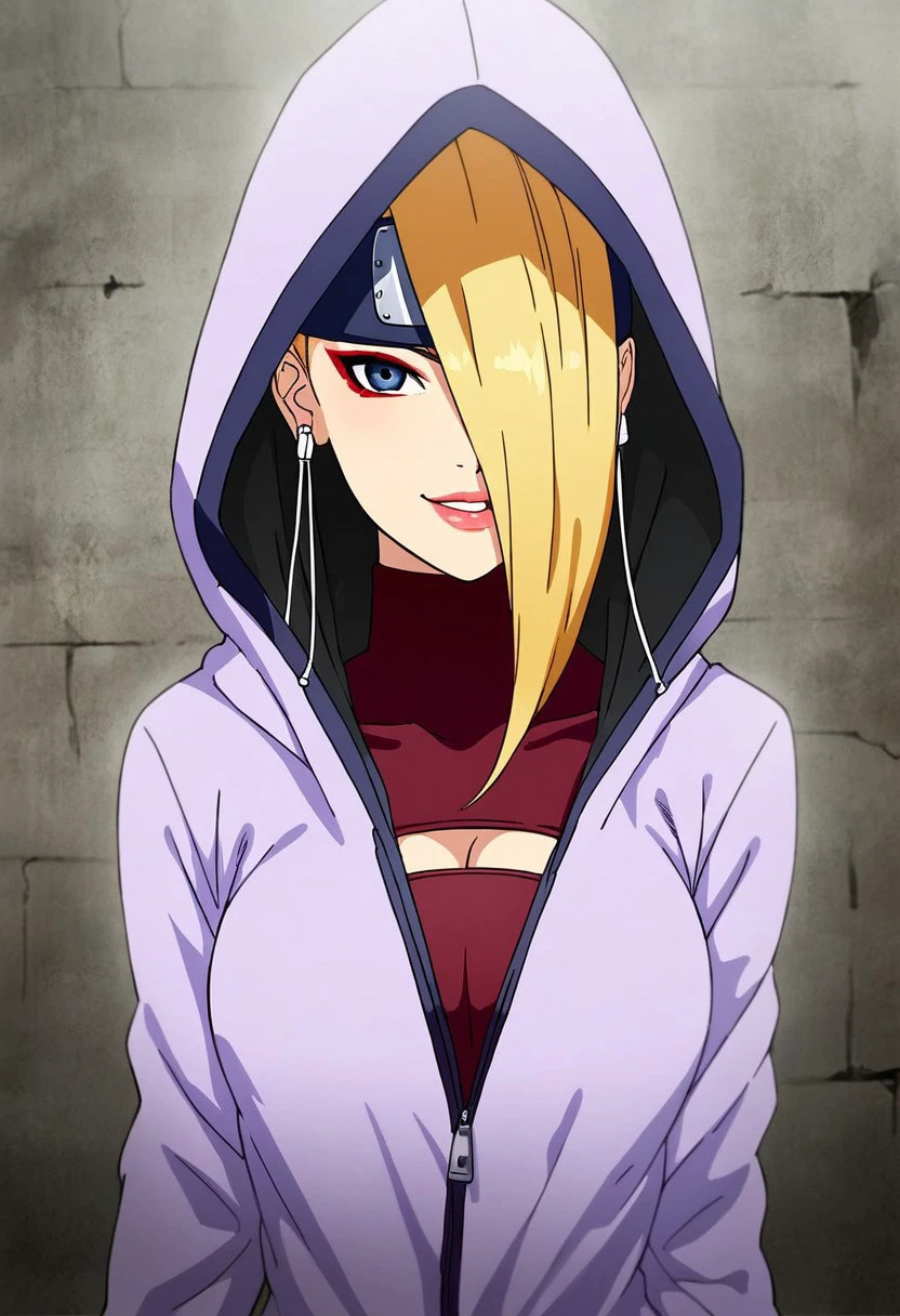 YodoBNNG, 1girl, solo, fair-skinned girl, blonde hair, long hair, unruly hair, hair between eyes, hair over one eye, large bang, forehead protector, dark blue eyes, lips, large breast, cleavage cutout, clothing cutout, hood, hoodie, jacket, half-unzipped hooded light purple jacket, dark red full-body suit, black gloves,  sandals, toeless footwear, earbuds, bandages around her ankles, bandages right thigh, makeup, thigh pouch,   
seductive pose, sexy pose, tease,  in the spotlight,,
smile,ruins,
score_9, score_8_up, score_7_up, beautiful aesthetic, very intricate, high quality details,vibrant, highly detailed, award-winning, professional,anime artwork, anime style, studio anime, athletic, curvy body, athletic girl, perky tits,large breast,perfect tits, round breasts, nipple outline,looking at viewer, pinup pose,teasing, dynamic lighting, cinematic, smug, better than you, aura of temptation, highly detailed, high resolution, masterpiece, detailed clothes, detailed background, highly detailed, ((sound effects)) comic layout,