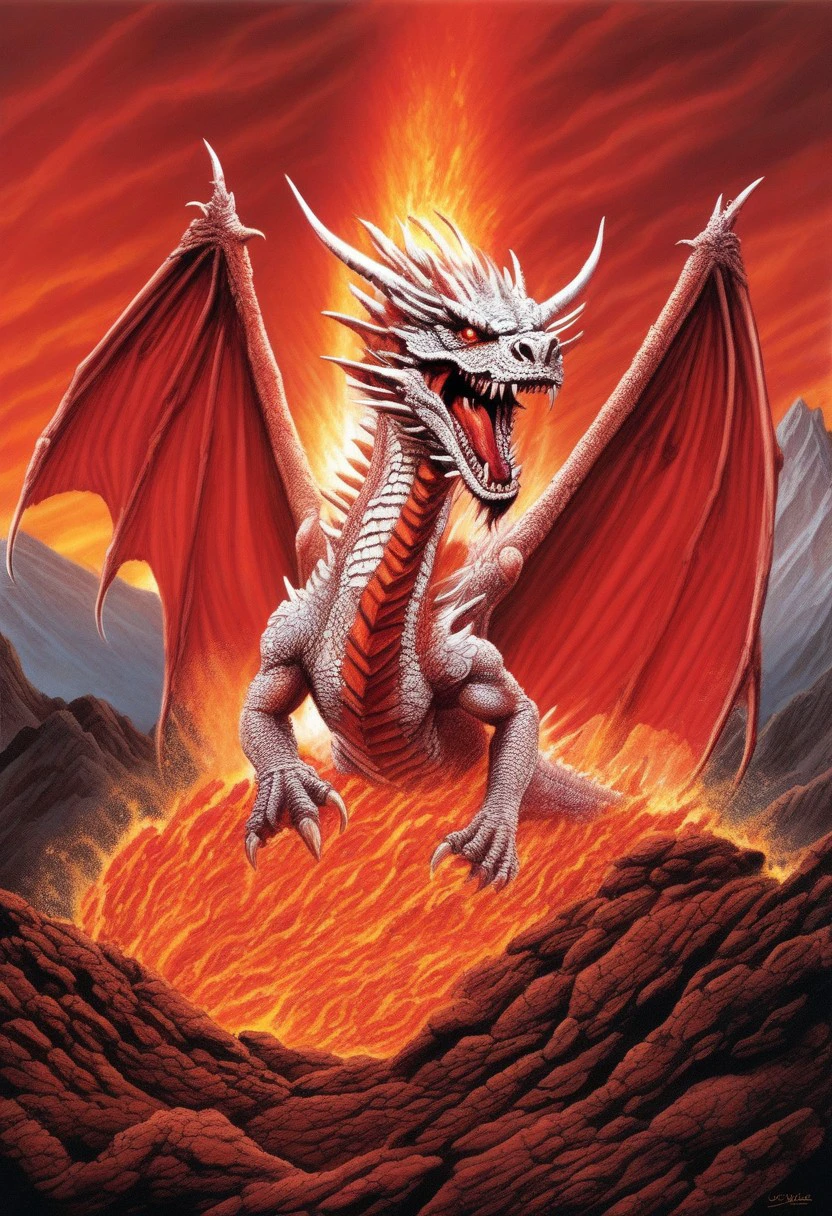 a white dragon coming out from a red hot volcano explosion, fantasy art made by chris achilleos