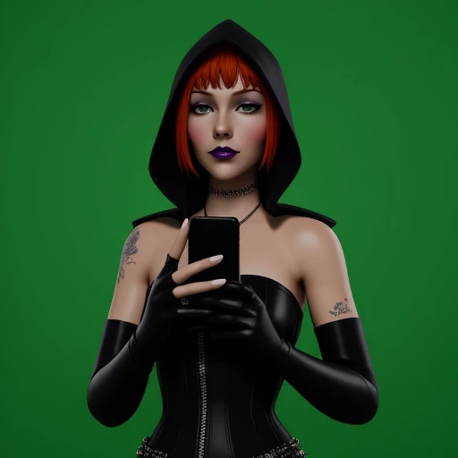 hood, black footwear, green background, corset, boots, lipstick, elbow gloves, tattoo, holding phone