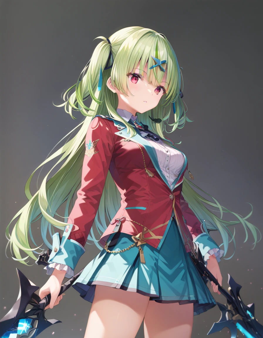 score_9, score_8_up, score_7_up, source anime,  masterpiece, best quality, highres, 1battle girl , isuzuosm, shirt, mini skirt, medium breasts, cowboy shot, green hair, long hair, red eyes<lora:oshimaisuzu_XL_V1:.9>