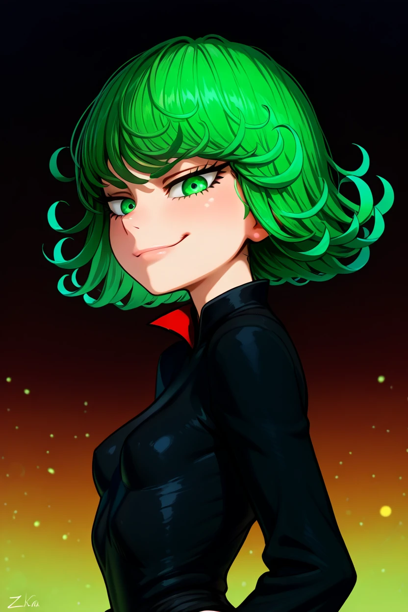 masterpiece, best quality, 1girl, solo, beautiful eyes, zzTatsumaki, green eyes, green hair, black dress, smile, smug, <lora:TatsumakiIXL:1.0>,<lora:IncaseIXL_v1:1.0>, upper body, side view, smile, looking at viewer, shiny skin,