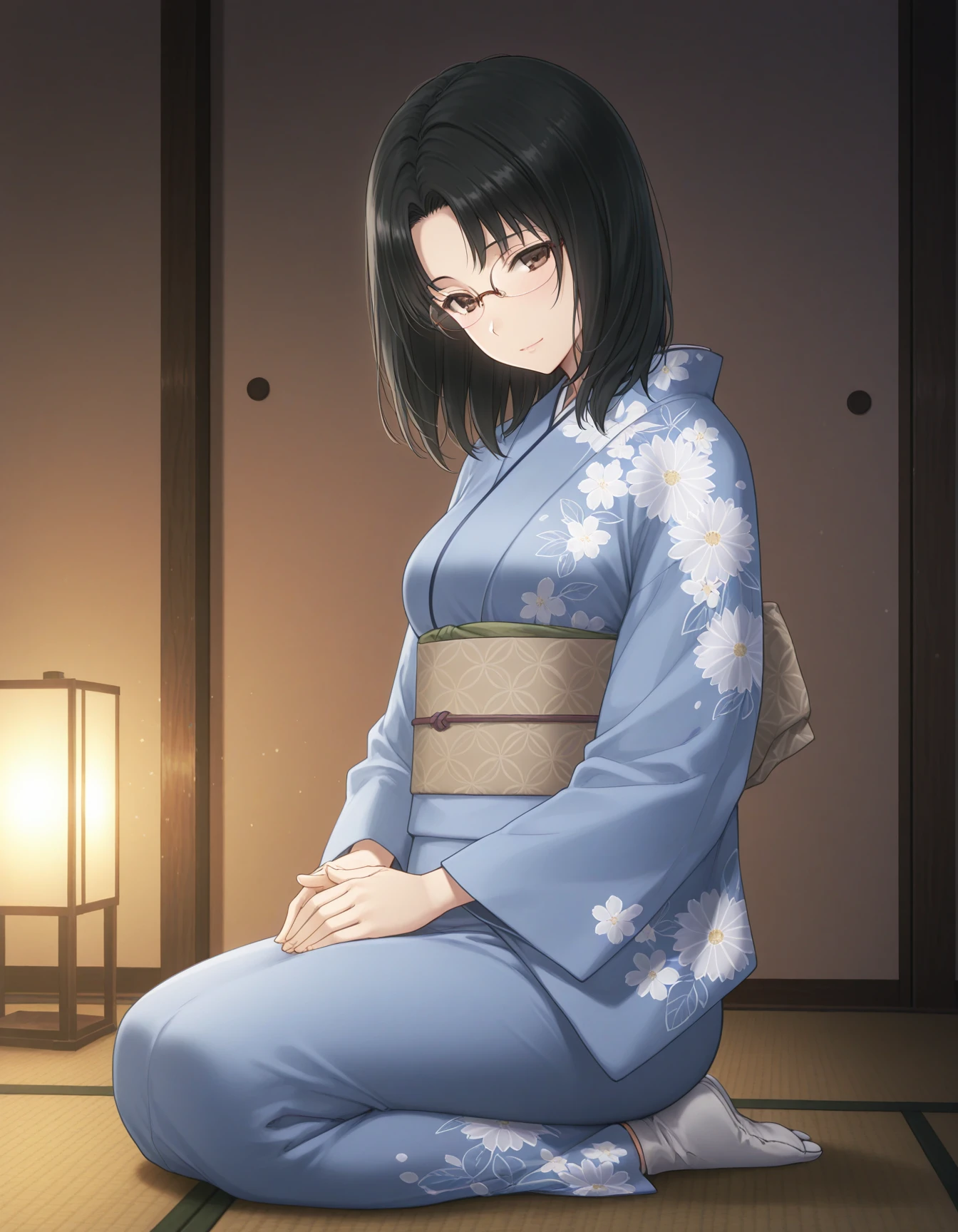 1girl, solo, futami yuu, black hair, medium hair, brown eyes, upper-rim eyewear, light smile, medium breasts, blue kimono, floral print, head tilt, hands together, tabi, seiza, sitting on tatami, looking at viewer, (from side:0.2), indoors, japanese room, lamp, (dark theme, low light:1.1), masterpiece, best quality, very aesthetic <lora:futami_yuu_illustrious_v1:0.7>