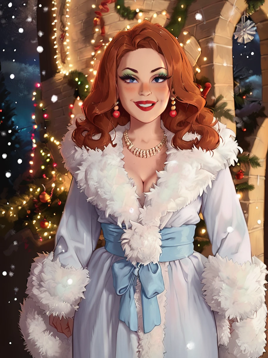 easynegative, zPDXL,  1girl, solo , cowboy shot, ,facing the viewer, looking at the viewer, smug, sly smile,
<lora:Martha_May_Whovier:1> mmwhovier, brown hair, jewelry, necklace, earrings, makeup, red lipstick, blush, christmas, outside, at night, snowing, christmas tree,
white robe, fur trim, long hair,âââ