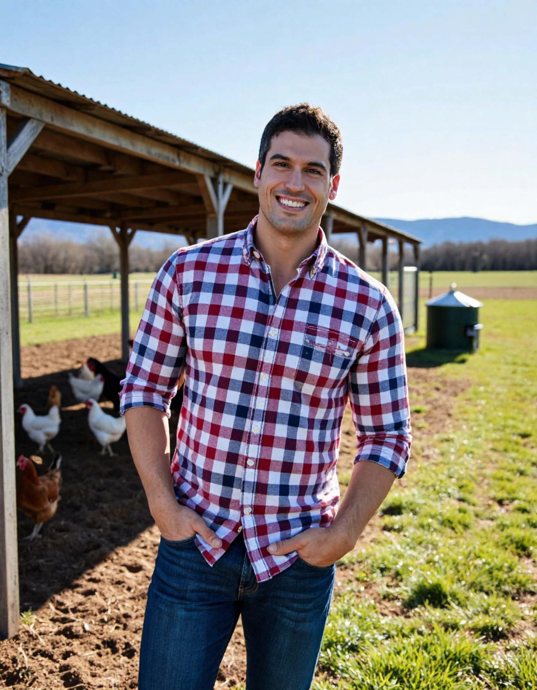 giobenitez a man standing on a ranch. he is handsome. he is muscular. he is wearing a plaid shirt with rolled up sleeves. he is wearing blue jeans. he is looking at you. he is smiling. he is standing near a chicken coop. it is daytime.