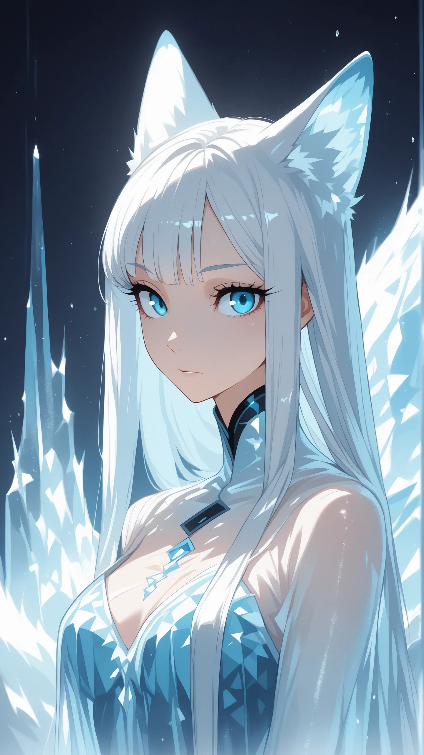 fox, woman, frozen, eyelashes, straight hair, blue eyes, detailed eyeshadows, dark light, looking at viewer, upper body, multiple fox tails, <lora:reij-dq:0.8>