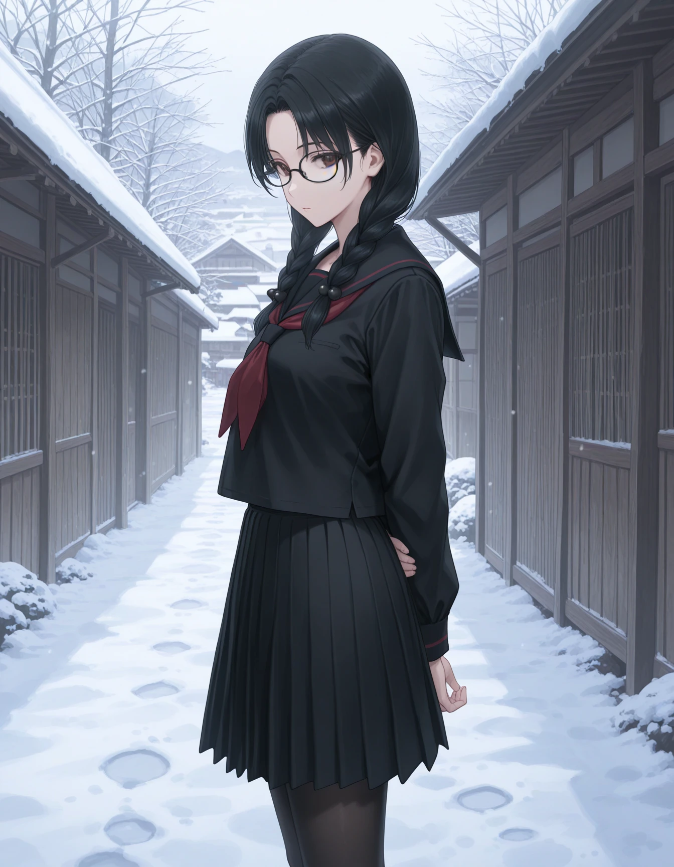 1girl, solo, futami yuu, black hair, long hair, hair over shoulder, twin braids, black hair bobbles, brown eyes, black glasses, black serafuku, red neckercheif, pleated black skirt, pantyhose, standing, looking at viewer, hands behind back, (from side:0.2), outdoors, winter, snowy, japanese village, dark theme, masterpiece, best quality, very aesthetic <lora:futami_yuu_illustrious_v1:0.6>