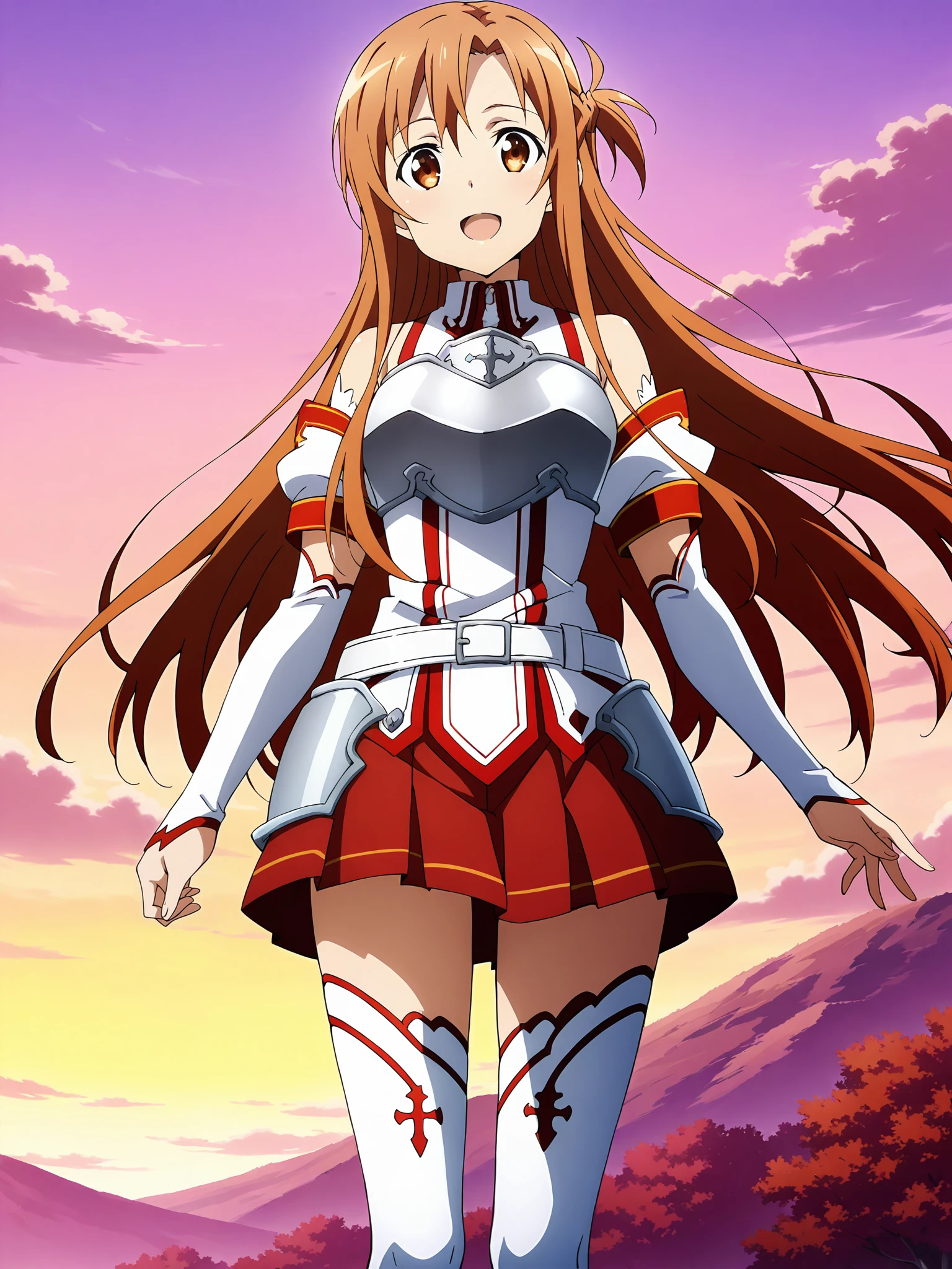 score_9, score_8_up, score_7_up, source_anime,anime screencap, anime coloring, official style,
outside, epic landscape,
 <lora:3-in-1_Asuna_Yuuki_Suguha_Kirigaya_and_Kirito_Kazuto_Kirigaya_Sword_Art_Online_-_PonyV2:.8>
Asuna Yuuki (character), (Asuna Knights of the Blood uniform), 1girl, asuna (sao), long hair, brown hair, solo, thighhighs, brown eyes, skirt, breastplate, open mouth, looking at viewer, detached sleeves, smile, armor, pleated skirt, :D, bare shoulders, red skirt, facing the viewer