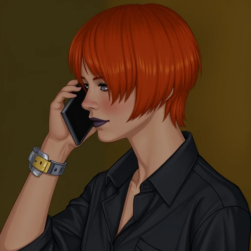 holding phone, 1girl, solo, cuffs, orange hair, bdsm, short hair, red hair, shirt