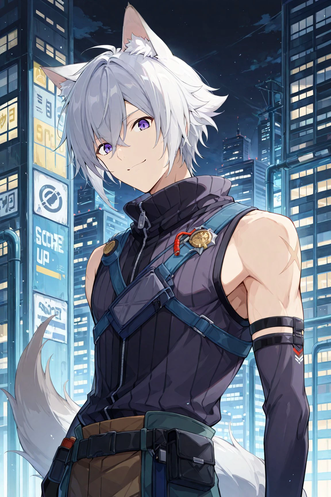 score_9,score_8_up,score_7_up,score_6_up,score_5_up,score_4_up,source_anime, BREAK,1boy, solo, focus male, Seth_Lowell, short hair, hair between eyes, white hair, purple eyes, wolf ears, wolf tail, sleeveless_shirt, upper body, bright skin, smile, looking_at_viewer