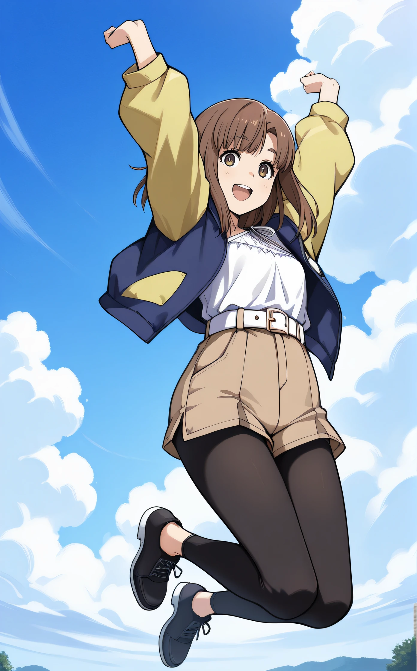 masterpiece, best quality, highres, newest, scenary, 1girl, solo, official style, <lora:IL_Kinosaki_Arisa:1>, kinosakiarisa, white shirt, jacket, brown shorts, white belt, bike leggings, black footwear, looking at viewer, smile, outdoor, full body, jumping, arms up, open mouth, five fingers, upper teeth, blue sky background, clouds, detailed hands, centered image