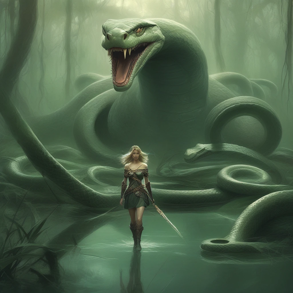 A princess warrior walking in a swamp rorrounded by giant snakes